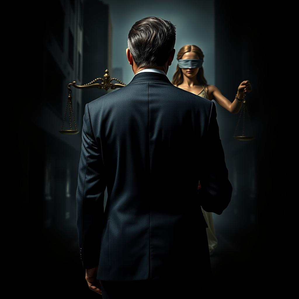 A film poster featuring the image of the back of a powerful businessman in a tailored suit, standing with confidence