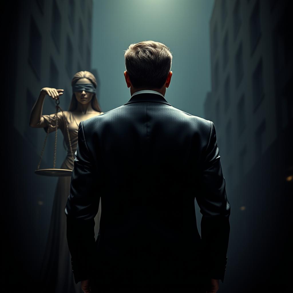 A film poster featuring the image of the back of a powerful businessman in a tailored suit, standing with confidence