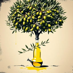 A creative poster featuring a bountiful olive tree with lush foliage, brimming with ripe olives