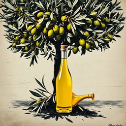 A creative poster featuring a bountiful olive tree with lush foliage, brimming with ripe olives