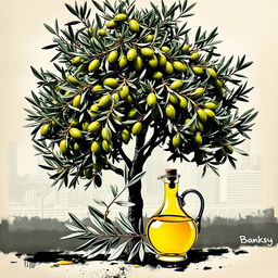 A creative poster featuring a bountiful olive tree with lush foliage, brimming with ripe olives