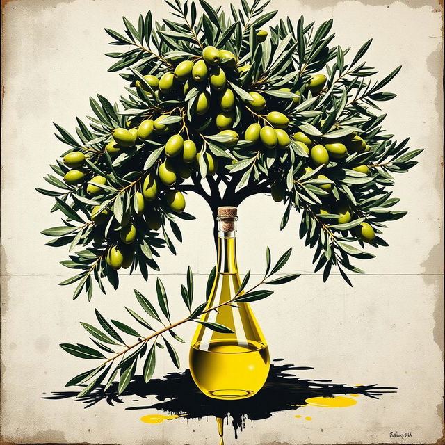 A creative poster featuring a bountiful olive tree with lush foliage, brimming with ripe olives