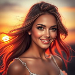 A stunningly beautiful young woman with mesmerizing eyes and an enchanting smile, surrounded by a luminous, ethereal aura and the soft glow of a setting sun