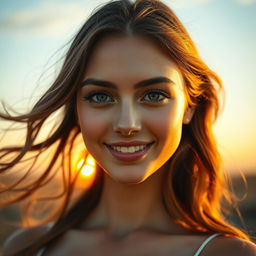 A stunningly beautiful young woman with mesmerizing eyes and an enchanting smile, surrounded by a luminous, ethereal aura and the soft glow of a setting sun