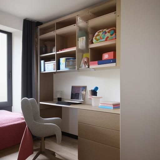 A student-focused 13ft x 8ft bedroom layout, optimized for study, rest and storage, inclusive of a space-efficient study table with organizing compartments, a comfortable bed, and creative display of student's favorite items.