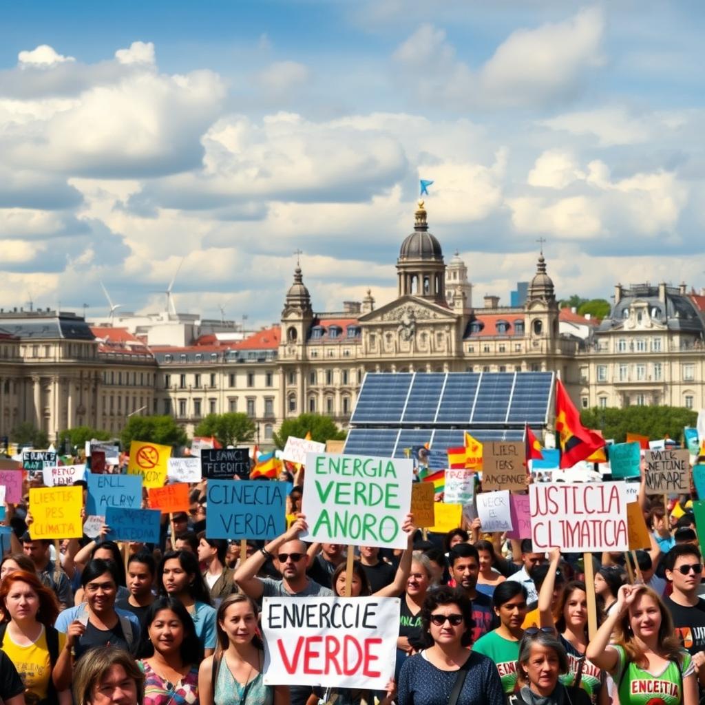 A vibrant and dynamic scene depicting the energy crisis in Spain and the climate movements in action