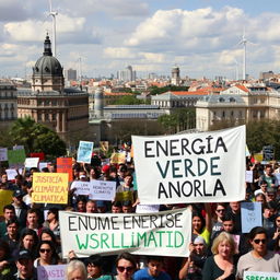 A vibrant and dynamic scene depicting the energy crisis in Spain and the climate movements in action