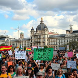 A vibrant and dynamic scene depicting the energy crisis in Spain and the climate movements in action