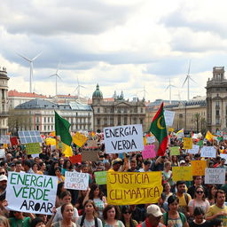 A vibrant and dynamic scene depicting the energy crisis in Spain and the climate movements in action