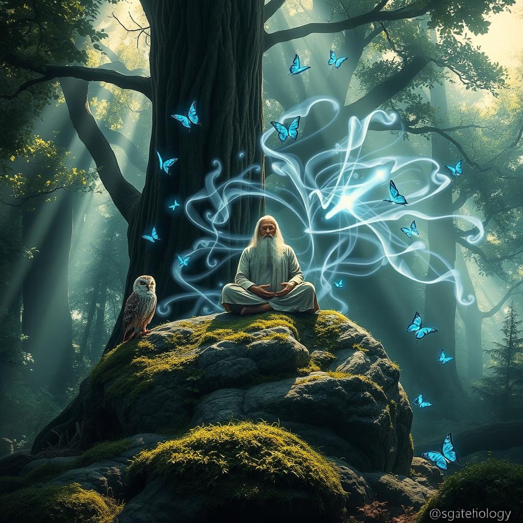 A mystical scene illustrating the concept of 'pneumatology', depicting ethereal spirits and divine entities interacting with a wise sage in a serene forest setting