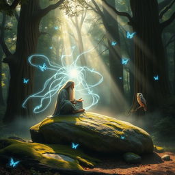 A mystical scene illustrating the concept of 'pneumatology', depicting ethereal spirits and divine entities interacting with a wise sage in a serene forest setting