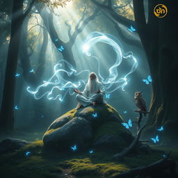 A mystical scene illustrating the concept of 'pneumatology', depicting ethereal spirits and divine entities interacting with a wise sage in a serene forest setting