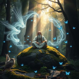 A mystical scene illustrating the concept of 'pneumatology', depicting ethereal spirits and divine entities interacting with a wise sage in a serene forest setting