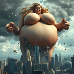 A giantess woman with an imposing presence, towering over a cityscape, causing destruction with her massive bosom