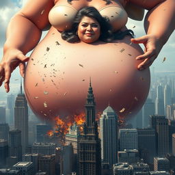 A giantess woman with an imposing presence, towering over a cityscape, causing destruction with her massive bosom