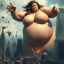 A giantess woman with an imposing presence, towering over a cityscape, causing destruction with her massive bosom