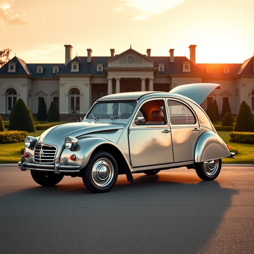 A luxurious reinterpretation of the classic Citroën 2CV, featuring an opulent design with sleek lines and a polished, metallic silver finish