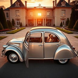 A luxurious reinterpretation of the classic Citroën 2CV, featuring an opulent design with sleek lines and a polished, metallic silver finish