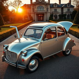 A luxurious reinterpretation of the classic Citroën 2CV, featuring an opulent design with sleek lines and a polished, metallic silver finish