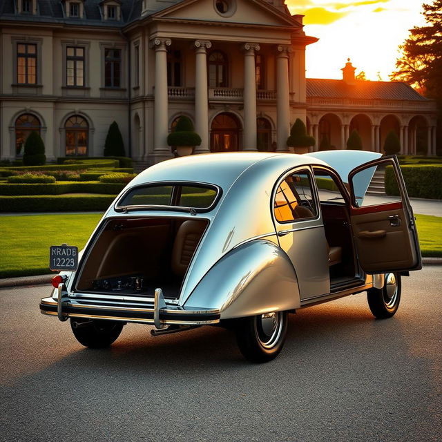 A luxurious reinterpretation of the classic Citroën 2CV, featuring an opulent design with sleek lines and a polished, metallic silver finish