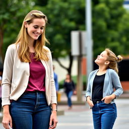 A tall woman and a small woman standing side by side, engaged in a friendly height comparison