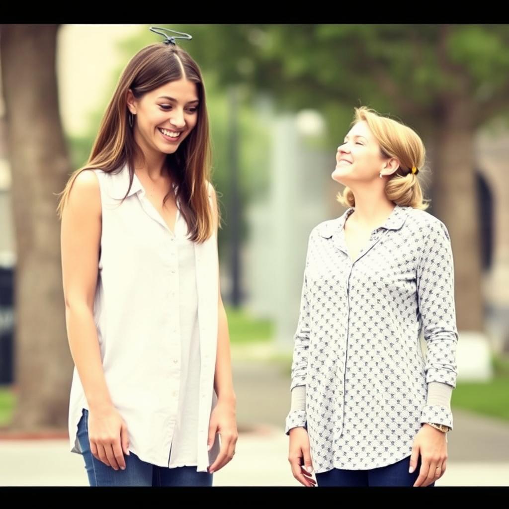 A tall woman and a small woman standing side by side, engaged in a friendly height comparison