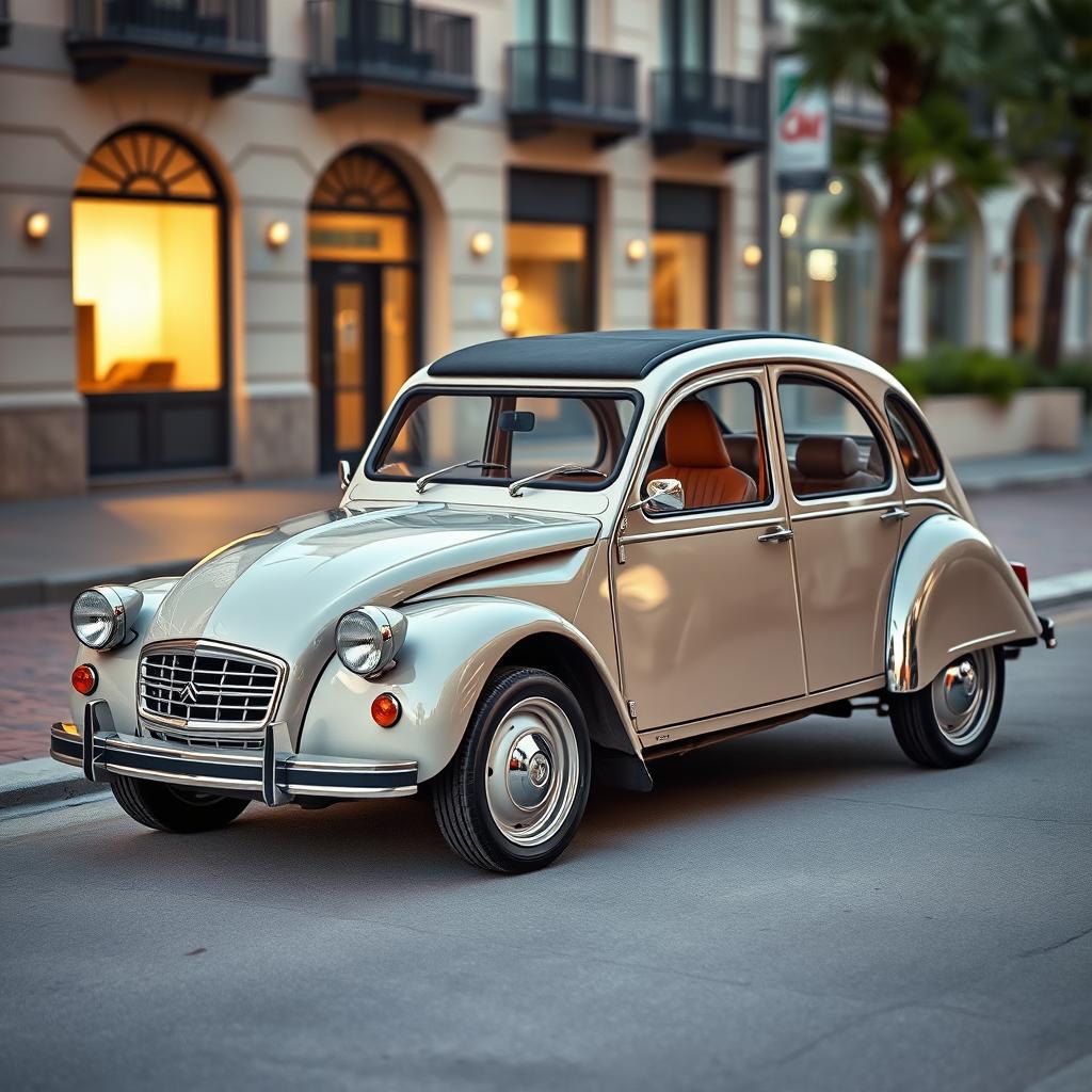 A glamorous and luxurious version of the classic Citroen 2CV, showcasing a high-end aesthetic