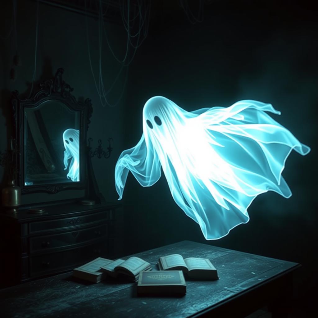 A haunting and mysterious ghost illuminated by pixelated light, hovering in a dark and eerie room