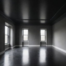 A room with black ceiling and floor, and gray walls.