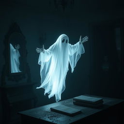 A haunting and mysterious ghost illuminated by pixelated light, hovering in a dark and eerie room