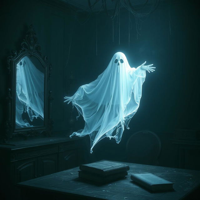 A haunting and mysterious ghost illuminated by pixelated light, hovering in a dark and eerie room