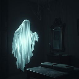 A haunting and mysterious ghost illuminated by pixelated light, hovering in a dark and eerie room