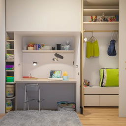 A student-focused 13ft x 8ft bedroom layout, optimized for study, rest and storage, inclusive of a space-efficient study table with organizing compartments, a comfortable bed, and creative display of student's favorite items.