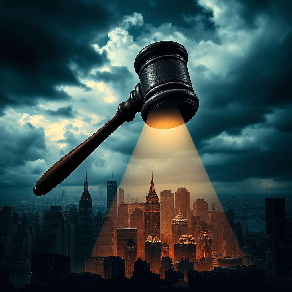 A powerful and massive judge's gavel descends upon a cityscape, symbolically representing judgment and authority crushing the city