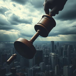 A powerful and massive judge's gavel descends upon a cityscape, symbolically representing judgment and authority crushing the city