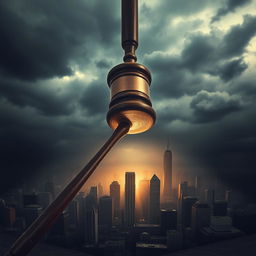 A powerful and massive judge's gavel descends upon a cityscape, symbolically representing judgment and authority crushing the city