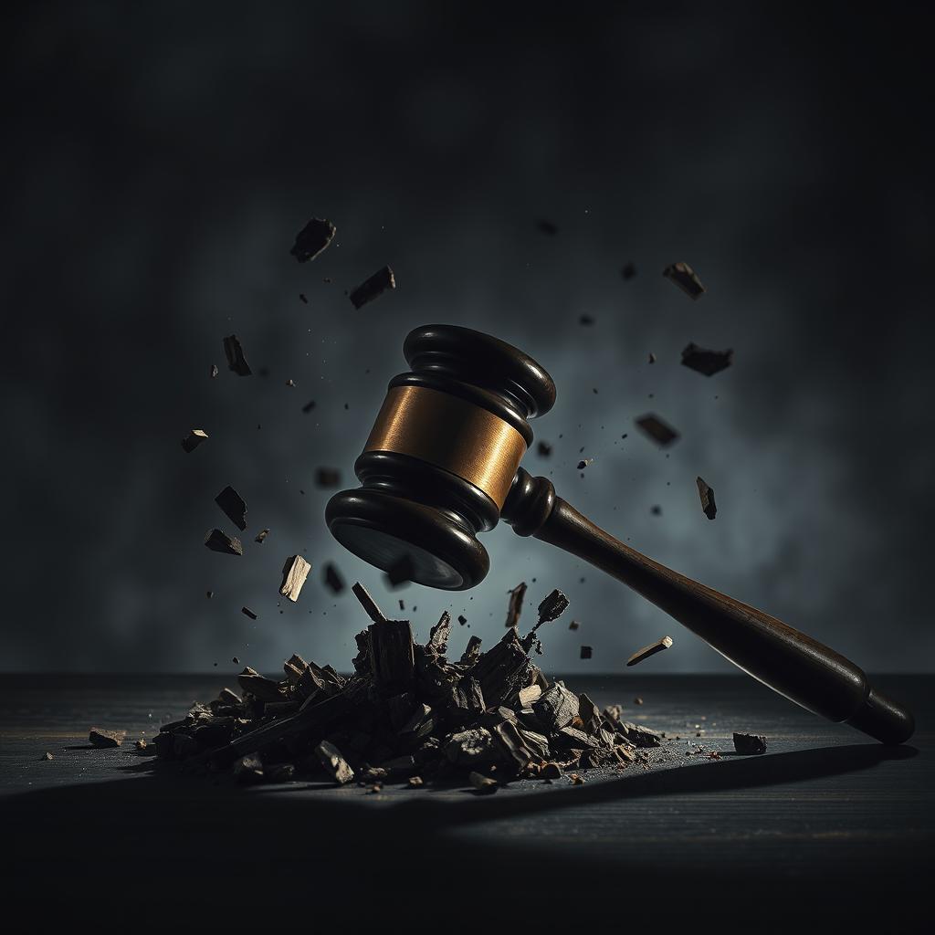 A powerful judge's gavel smashing onto a surface with immense force, surrounded by dark shadows and an ominous atmosphere