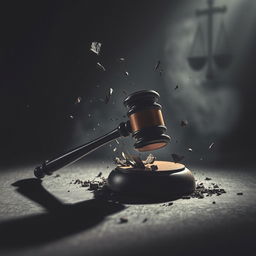 A powerful judge's gavel smashing onto a surface with immense force, surrounded by dark shadows and an ominous atmosphere