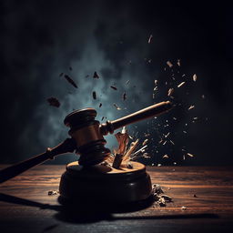 A powerful judge's gavel smashing onto a surface with immense force, surrounded by dark shadows and an ominous atmosphere