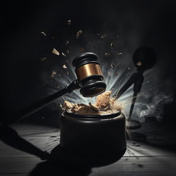 A powerful judge's gavel smashing onto a surface with immense force, surrounded by dark shadows and an ominous atmosphere