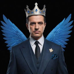 A man dressed in classic mafia attire, complete with a crown marked with the number 4. Holographic blue wings sprout dramatically from his back.