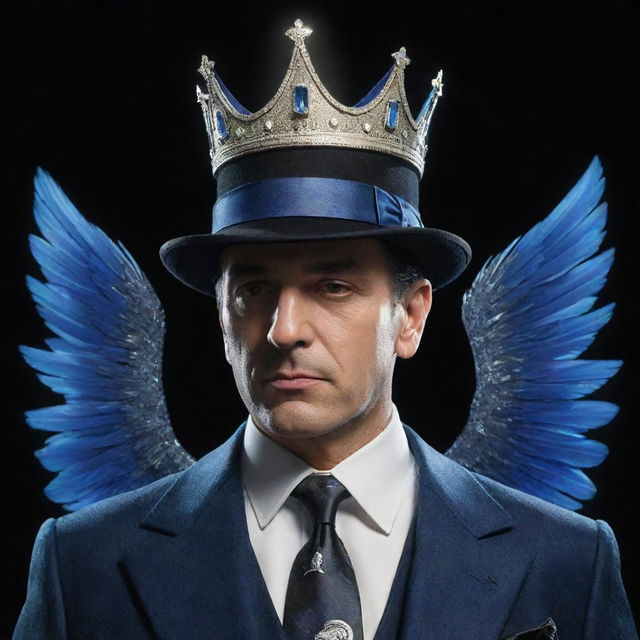 A man dressed in classic mafia attire, complete with a crown marked with the number 4. Holographic blue wings sprout dramatically from his back.