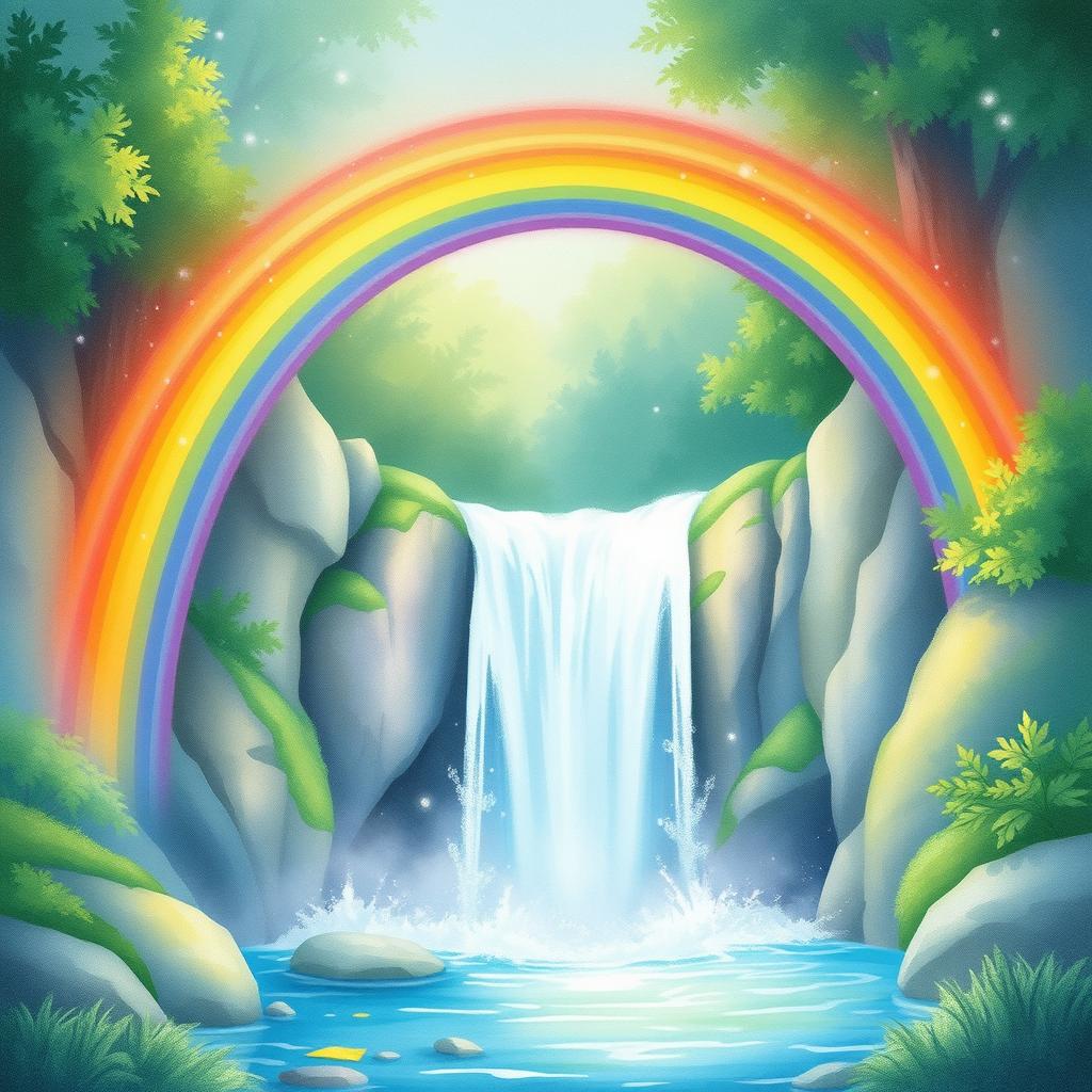 A vibrant and enchanting rainbow gracefully arching over a cascading waterfall, depicted in delicate watercolor style