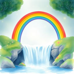 A vibrant and enchanting rainbow gracefully arching over a cascading waterfall, depicted in delicate watercolor style
