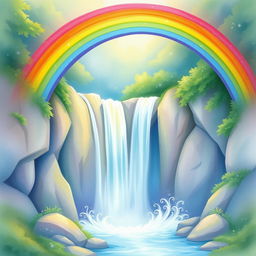 A vibrant and enchanting rainbow gracefully arching over a cascading waterfall, depicted in delicate watercolor style