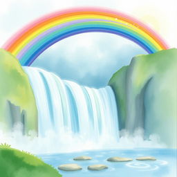 A vibrant and enchanting rainbow gracefully arching over a cascading waterfall, depicted in delicate watercolor style