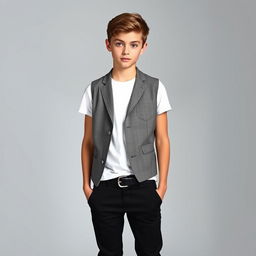 A fashionable teenage model with striking green eyes, wearing a white T-shirt paired with a sophisticated gray vest