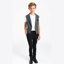 A fashionable teenage model with striking green eyes, wearing a white T-shirt paired with a sophisticated gray vest