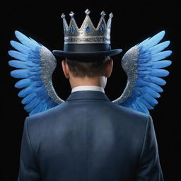 A man dressed in classic mafia attire, complete with a crown marked with the number 4. Holographic blue wings sprout dramatically from his back.