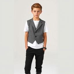 A fashionable teenage model with striking green eyes, wearing a white T-shirt paired with a sophisticated gray vest